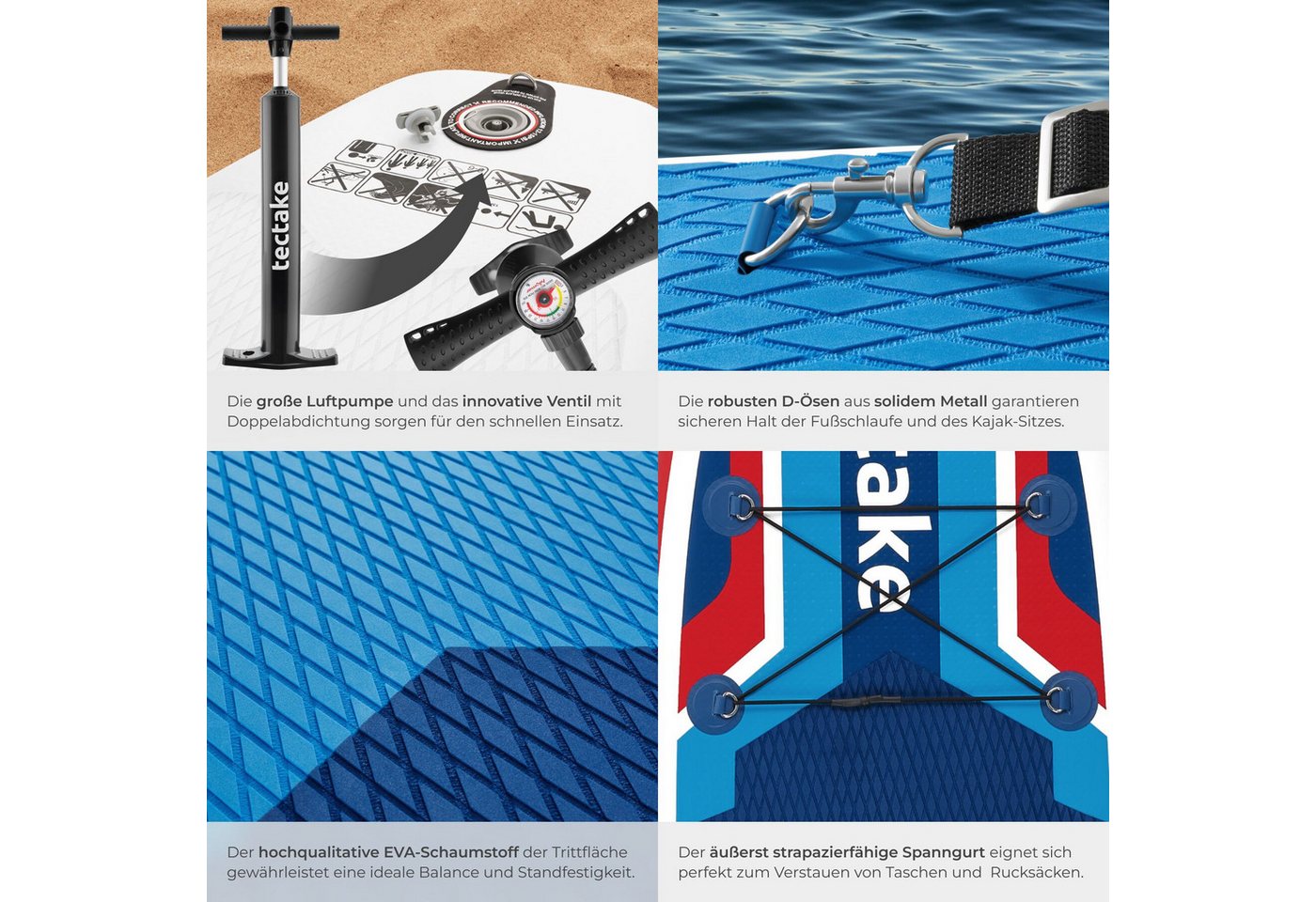 tectake SUP-Board Aufblasbares Paddle Board 2in1, Drop-Stitch, belastbar, Komplettset, Stand-up Paddle, (Sup Board Mit Kajaksitz Poseidon, in Rot/blau), Inkl. v – Bild 5 von 5
