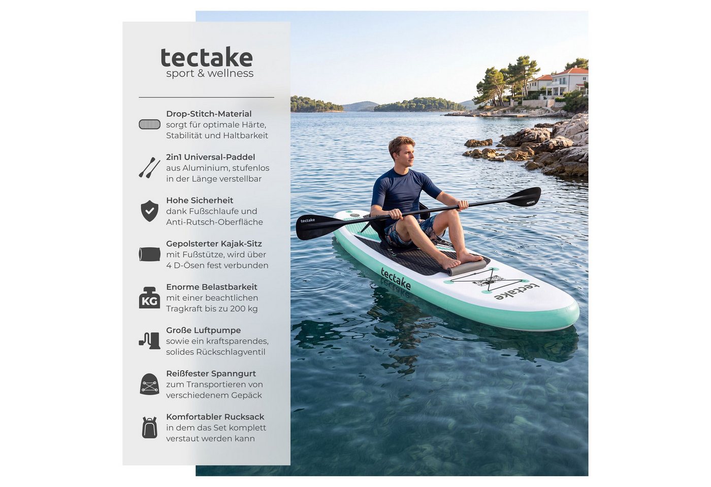 tectake SUP-Board Aufblasbares Paddle Board 2in1 mit Kajaksitz, Drop-Stitch, Stand-up Paddle, (Sup Board Mit Kajaksitz Zenon, in Weiß/türkis), Belastbar bis 200 – Bild 2 von 5
