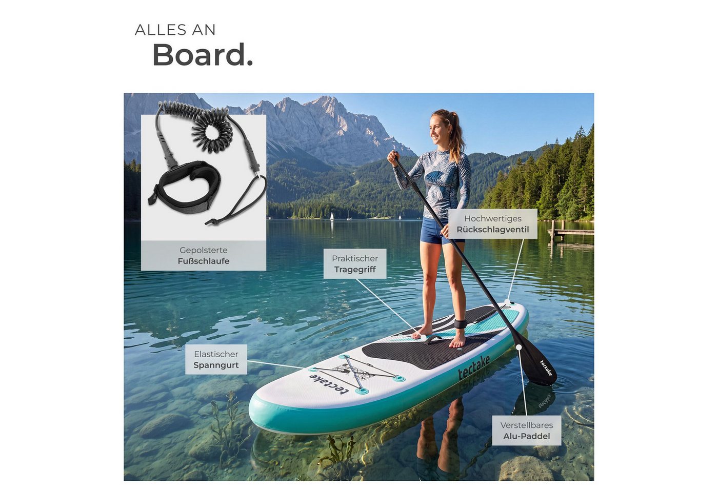 tectake SUP-Board Aufblasbares Paddle Board 2in1 mit Kajaksitz, Drop-Stitch, Stand-up Paddle, (Sup Board Mit Kajaksitz Zenon, in Weiß/türkis), Belastbar bis 200 – Bild 3 von 5