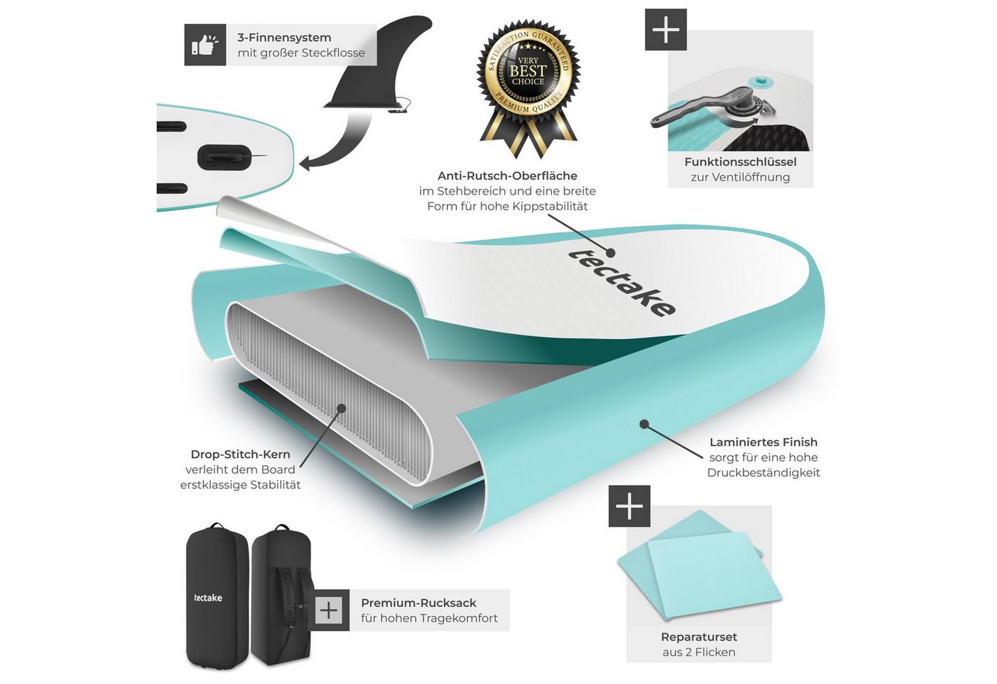tectake SUP-Board Aufblasbares Paddle Board 2in1 mit Kajaksitz, Drop-Stitch, Stand-up Paddle, (Sup Board Mit Kajaksitz Zenon, in Weiß/türkis), Belastbar bis 200 – Bild 4 von 5