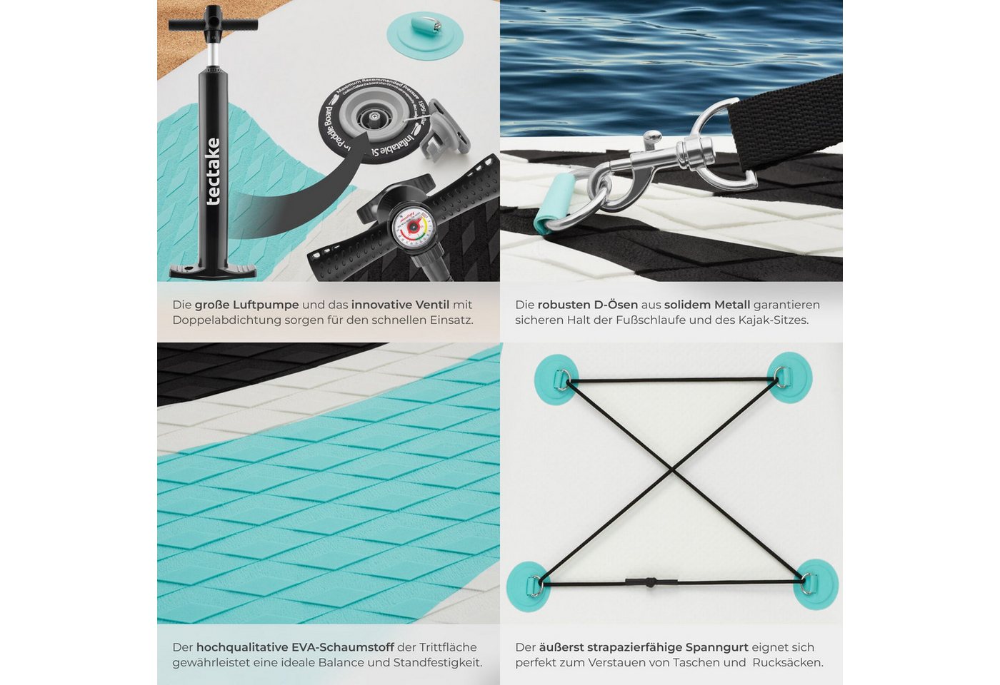 tectake SUP-Board Aufblasbares Paddle Board 2in1 mit Kajaksitz, Drop-Stitch, Stand-up Paddle, (Sup Board Mit Kajaksitz Zenon, in Weiß/türkis), Belastbar bis 200 – Bild 5 von 5