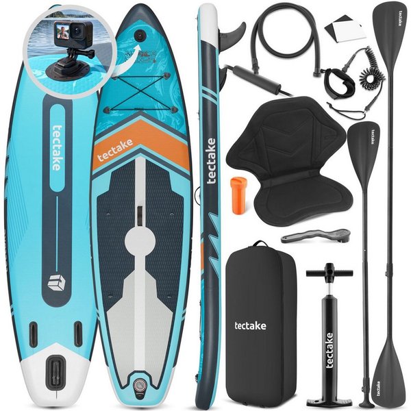 tectake SUP-Board Paddle Board aufblasbar, mit Kamerahalterung, Kajak-Sitz, rutschfest, Stand-up Paddle, (Sup Board Palagios, in Türkis/orange), Belastbar bis 2