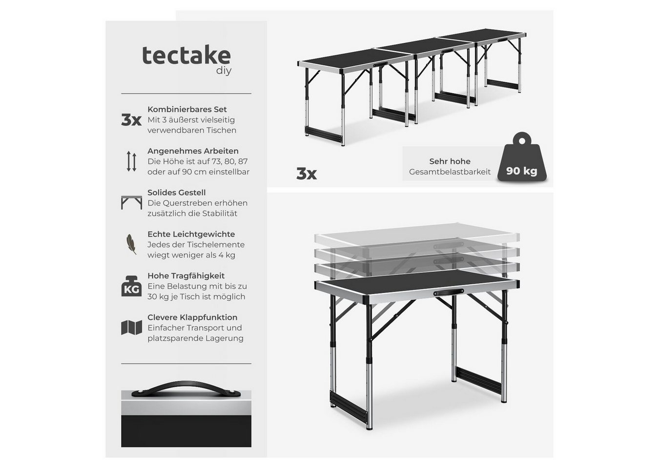 tectake Tapeziertisch 3er Set Tapetentisch klappbar, 300 x 60 x 73 - 94 cm (Mehrzwecktische, 3-St., in schwarz), 4-fach höhenverstellbar, mit Kantenschutz und T – Bild 2 von 5