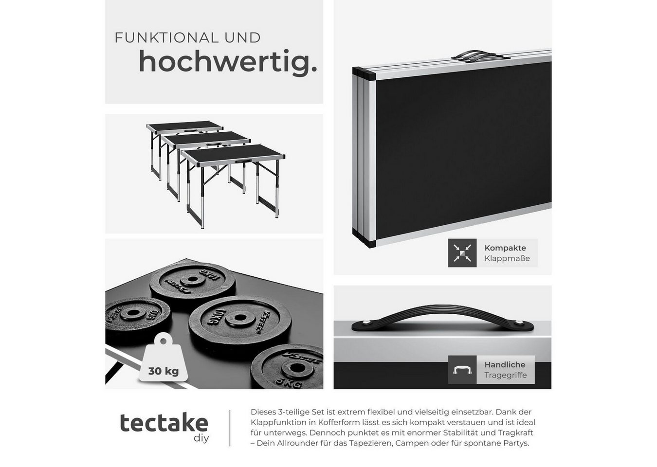 tectake Tapeziertisch 3er Set Tapetentisch klappbar, 300 x 60 x 73 - 94 cm (Mehrzwecktische, 3-St., in schwarz), 4-fach höhenverstellbar, mit Kantenschutz und T – Bild 4 von 5
