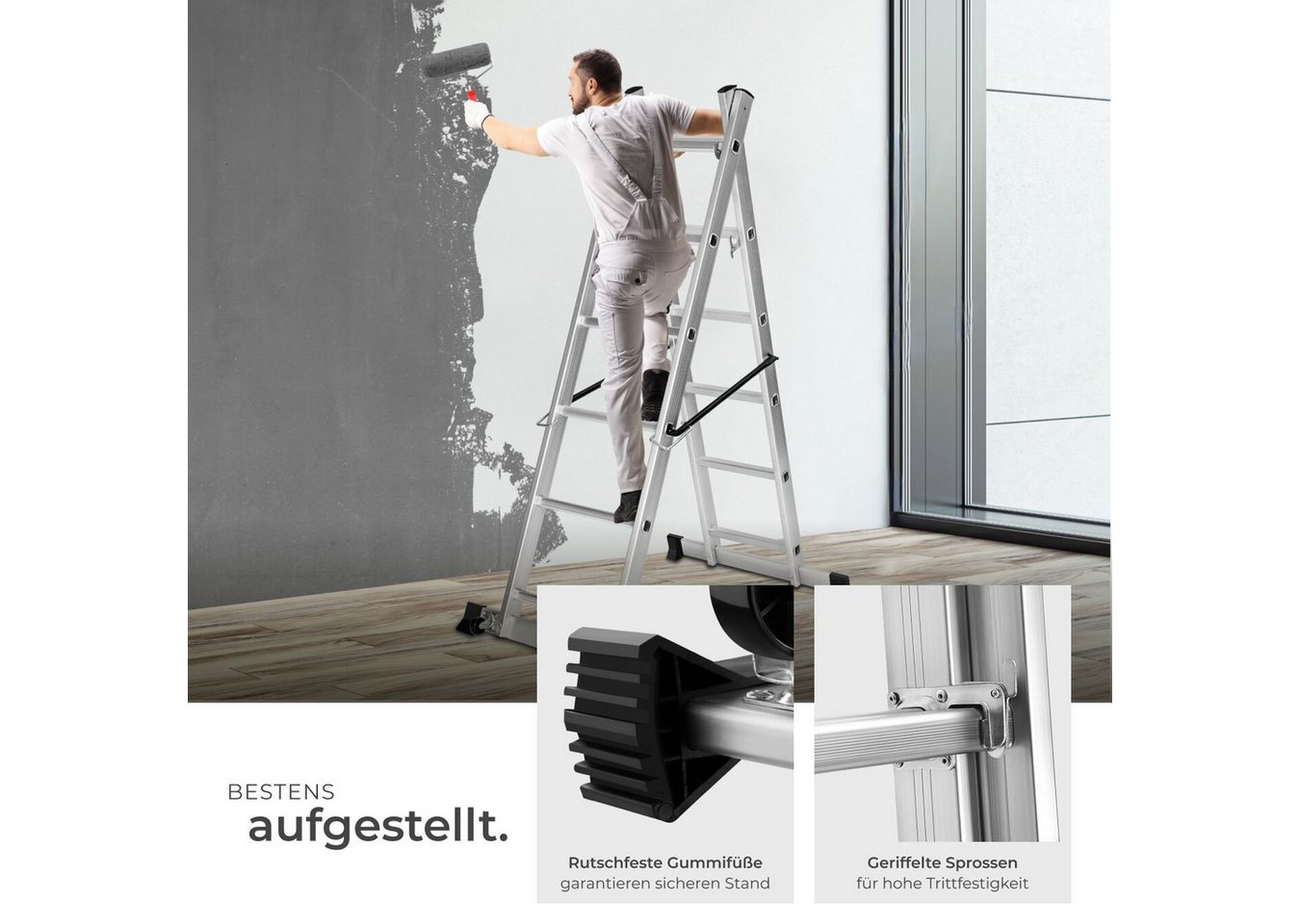 tectake Teleskopleiter Aluminium Multigerüst 4 in 1, Belastbarkeit 150 kg (Baugerüst, in silber), mit 2 praktischen Rollen, stabil, rutschfest – Bild 3 von 5