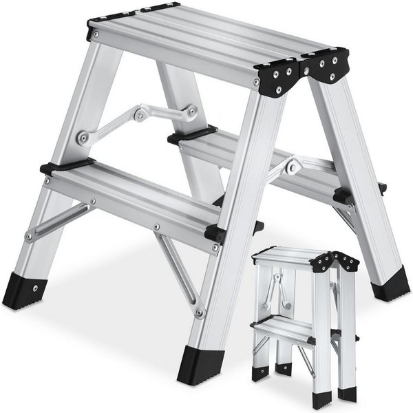 tectake Teleskopleiter Doppelseitige Aluminium Trittleiter 2 Stufen, Belastbarkeit 150 kg (Stehleiter, in silber), klappbar, klappbar, geriffelte Trittfläche, a