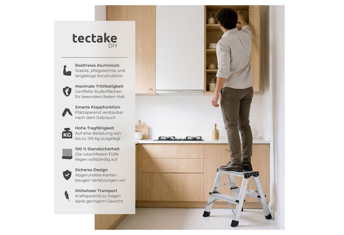 tectake Teleskopleiter Doppelseitige Aluminium Trittleiter 2 Stufen, Belastbarkeit 150 kg (Stehleiter, in silber), klappbar, klappbar, geriffelte Trittfläche, a – Bild 2 von 5