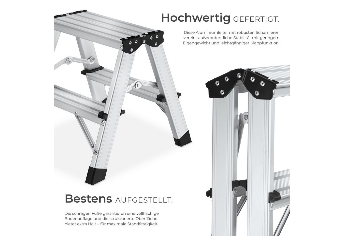 tectake Teleskopleiter Doppelseitige Aluminium Trittleiter 2 Stufen, Belastbarkeit 150 kg (Stehleiter, in silber), klappbar, klappbar, geriffelte Trittfläche, a – Bild 3 von 5