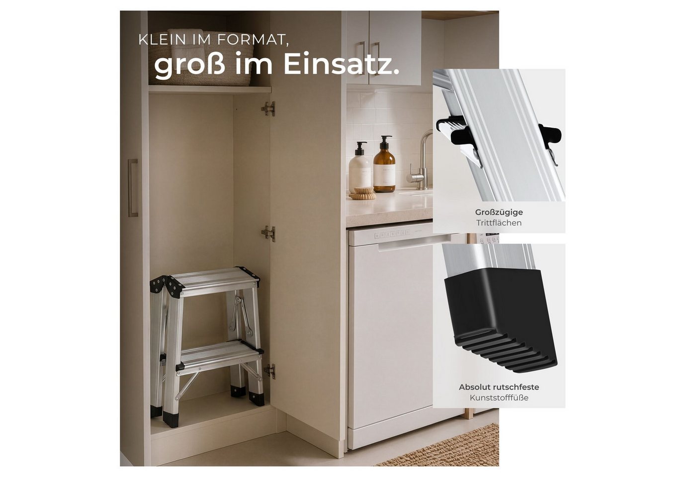 tectake Teleskopleiter Doppelseitige Aluminium Trittleiter 2 Stufen, Belastbarkeit 150 kg (Stehleiter, in silber), klappbar, klappbar, geriffelte Trittfläche, a – Bild 4 von 5