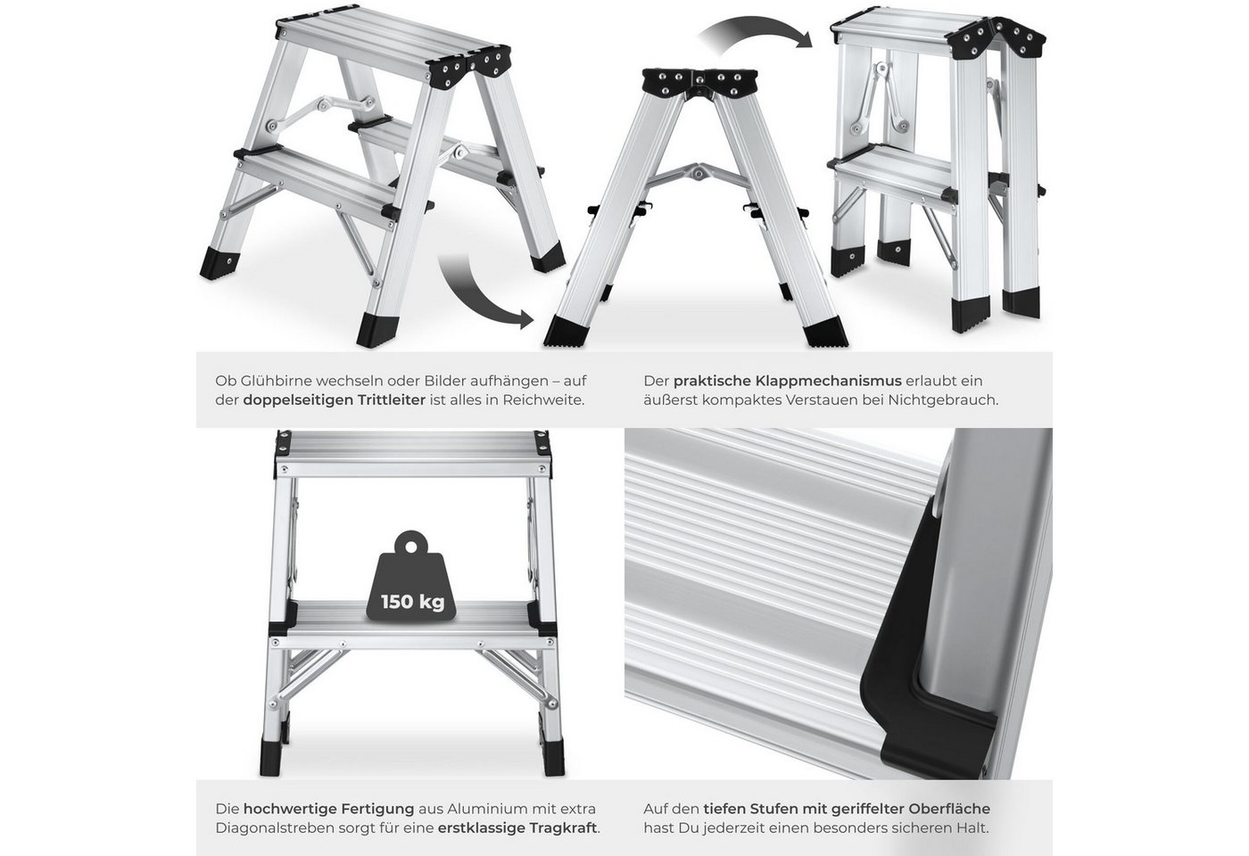 tectake Teleskopleiter Doppelseitige Aluminium Trittleiter 2 Stufen, Belastbarkeit 150 kg (Stehleiter, in silber), klappbar, klappbar, geriffelte Trittfläche, a – Bild 5 von 5