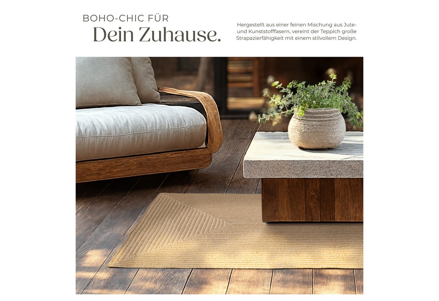 tectake Teppich Geflochtene Wohnmatte Boho aus Jute, 150x80 cm, indoor & outdoor, Rechteck, Höhe: 0,50 mm, Strapazierfähig, formstabil und vielseitig einsetzbar – Bild 3 von 5