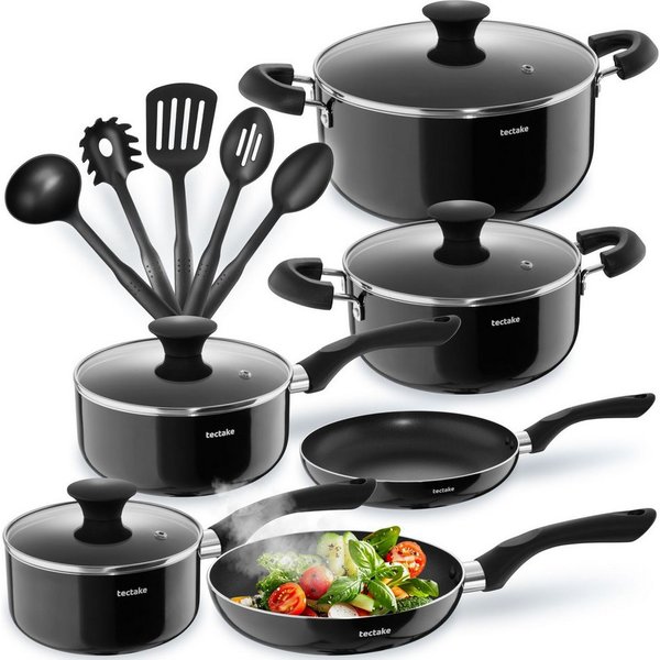 tectake Topf-Set Kochgeschirrset aus Aluminium mit Antihaftbeschichtung, Aluminium (Topfset Aluminium Varese, 15-tlg., in Schwarz, für Induktionsherde geeignet)
