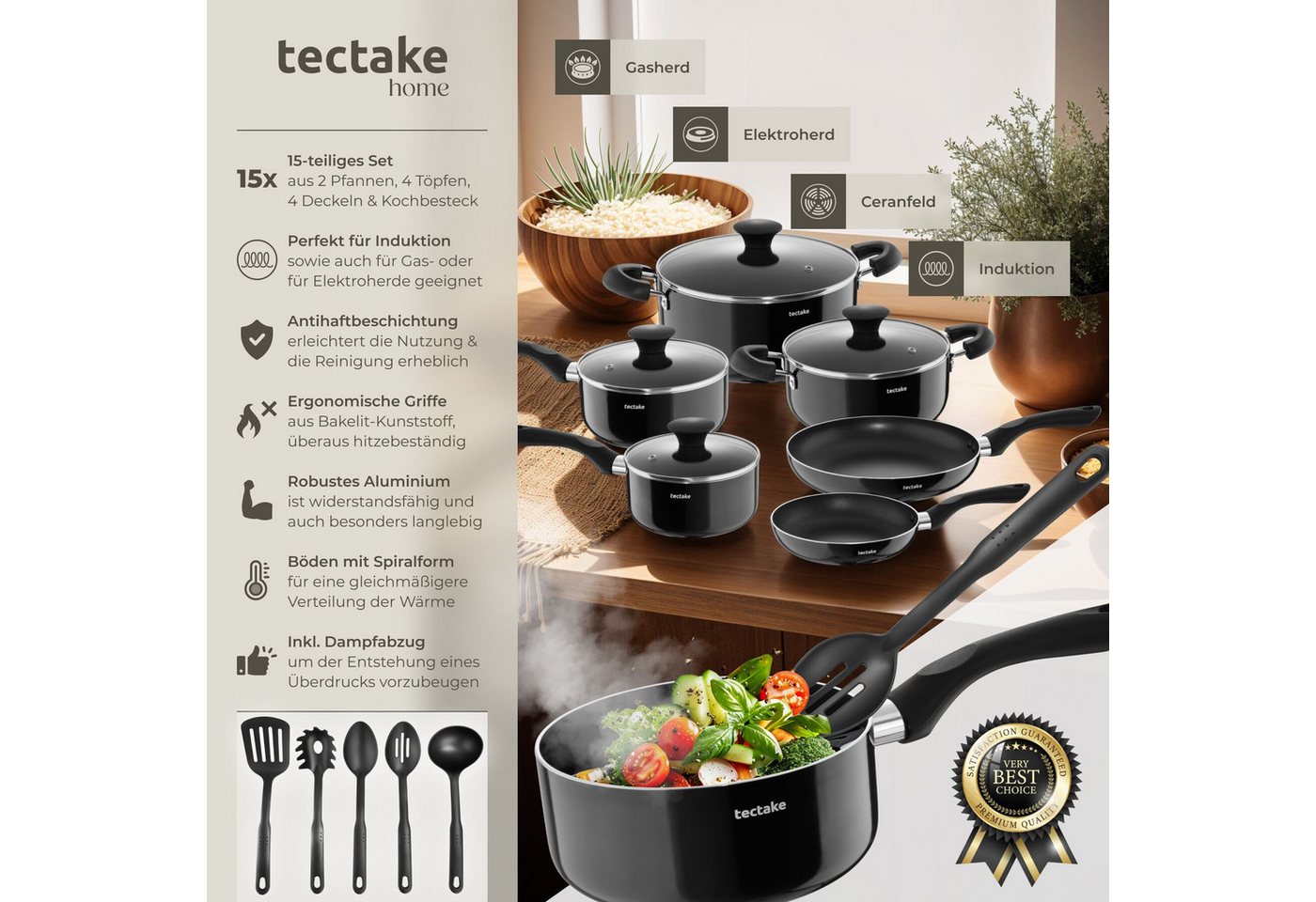 tectake Topf-Set Kochgeschirrset aus Aluminium mit Antihaftbeschichtung, Aluminium (Topfset Aluminium Varese, 15-tlg., in Schwarz, für Induktionsherde geeignet) – Bild 2 von 5