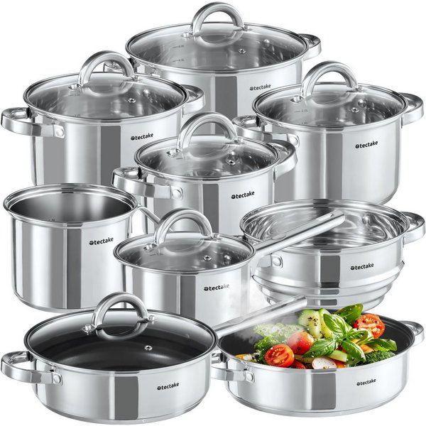 tectake Topf-Set Kochtopfset aus Edelstahl 15-teilig, Messskala in den Töpfen, Edelstahl (Topfset Induktion Turin, 15-tlg., in silber), für Induktion geeignet, 