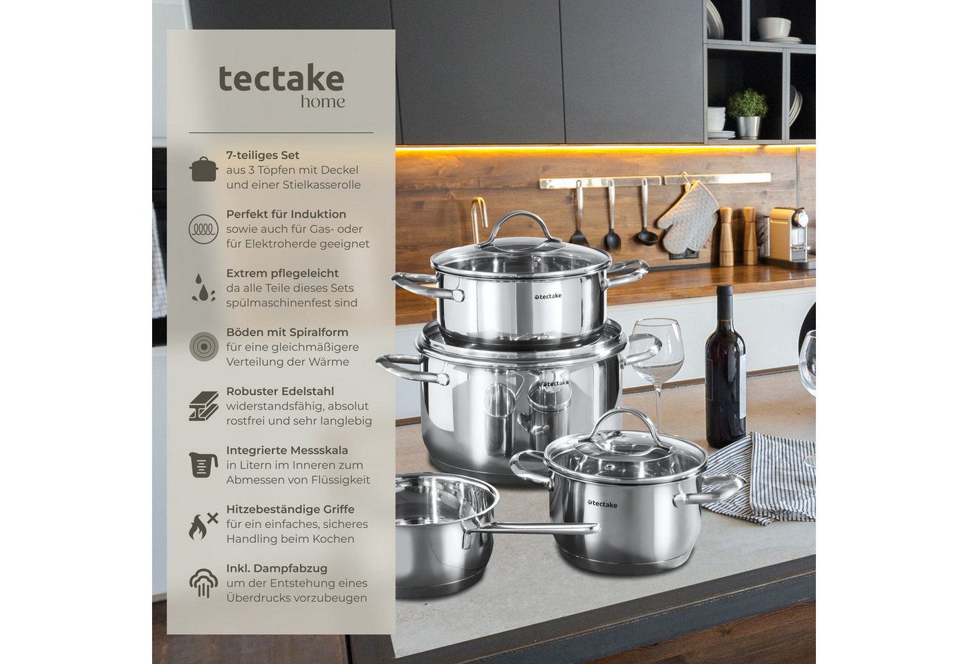 tectake Topf-Set Kochtopfset aus Edelstahl 7-teilig, Messskala in den Töpfen, Edelstahl (Topfset Induktion Bologna, 7-tlg., in silber), für Induktion geeignet,  – Bild 2 von 5