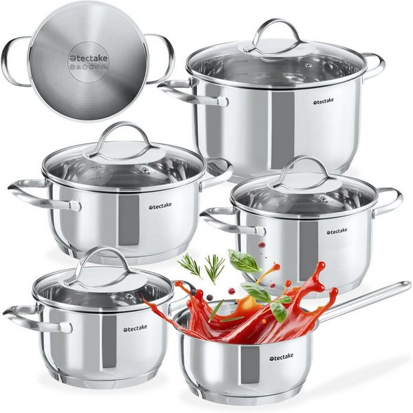 tectake Topf-Set Kochtopfset aus Edelstahl 9-teilig, Messskala in den Töpfen, Edelstahl (Kochgeschirrset Bologna II, 9-tlg., in silber), für Induktion geeignet,