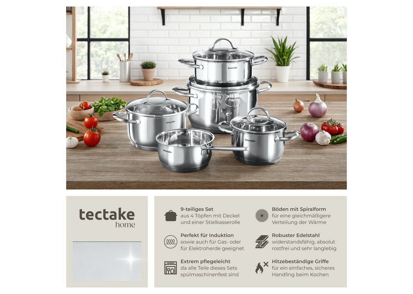 tectake Topf-Set Kochtopfset aus Edelstahl 9-teilig, Messskala in den Töpfen, Edelstahl (Kochgeschirrset Bologna II, 9-tlg., in silber), für Induktion geeignet, – Bild 2 von 5
