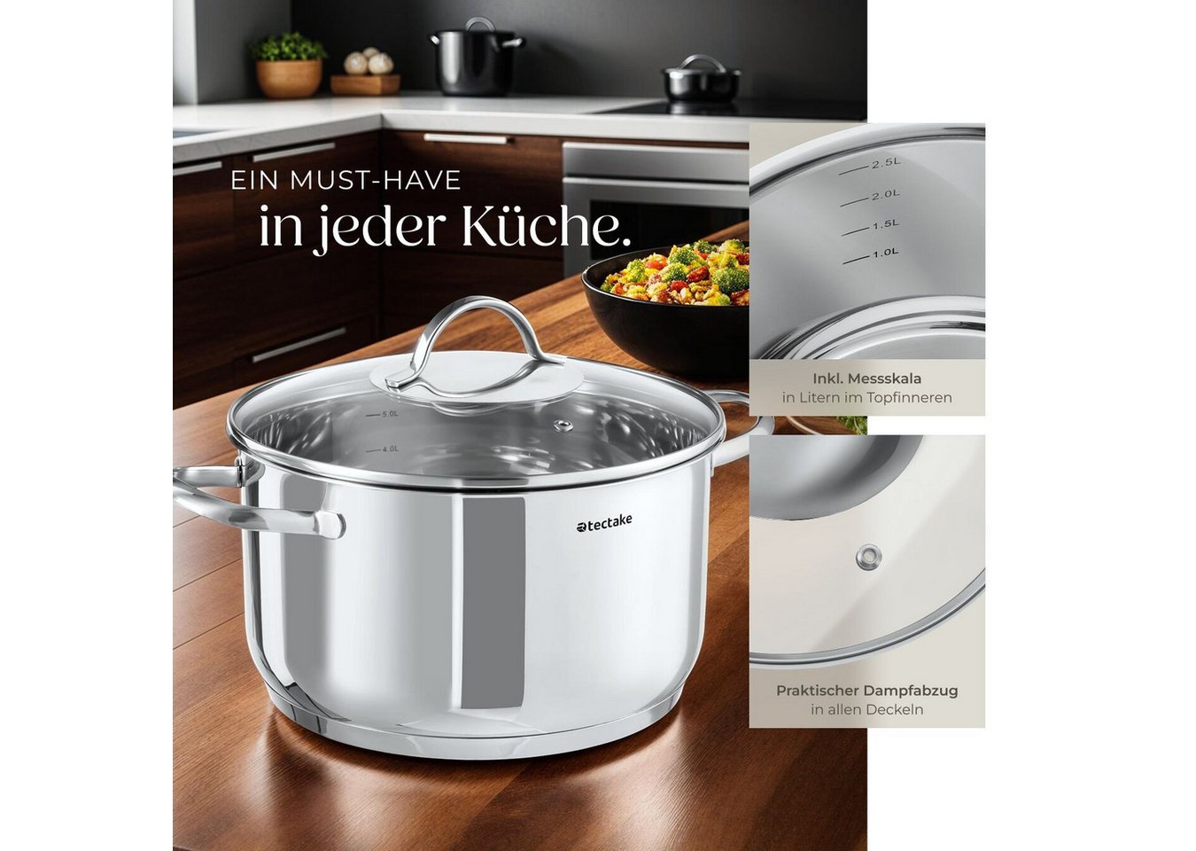 tectake Topf-Set Kochtopfset aus Edelstahl 9-teilig, Messskala in den Töpfen, Edelstahl (Kochgeschirrset Bologna II, 9-tlg., in silber), für Induktion geeignet, – Bild 3 von 5
