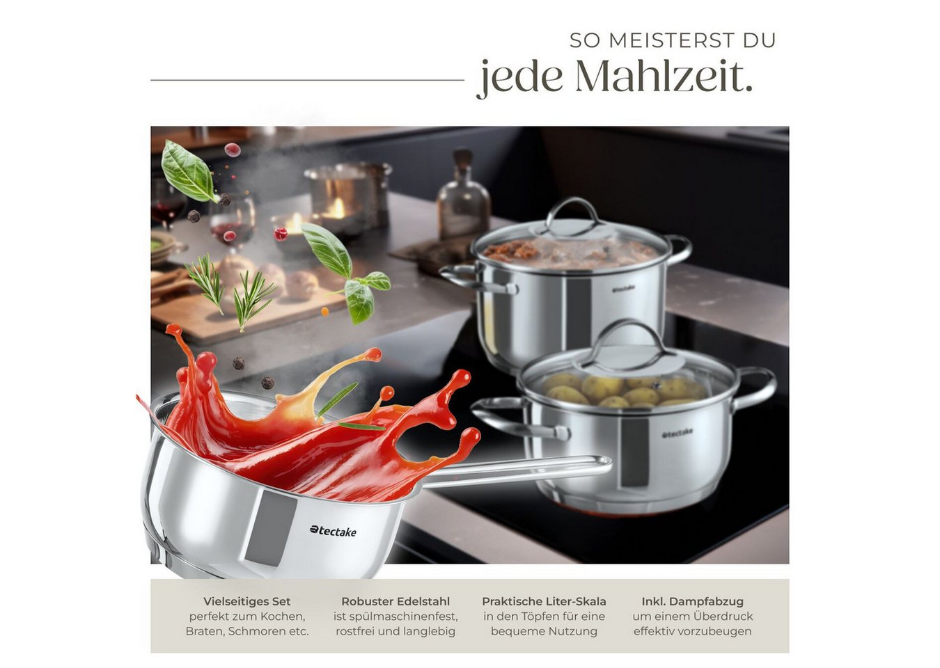 tectake Topf-Set Kochtopfset aus Edelstahl 9-teilig, Messskala in den Töpfen, Edelstahl (Kochgeschirrset Bologna II, 9-tlg., in silber), für Induktion geeignet, – Bild 4 von 5
