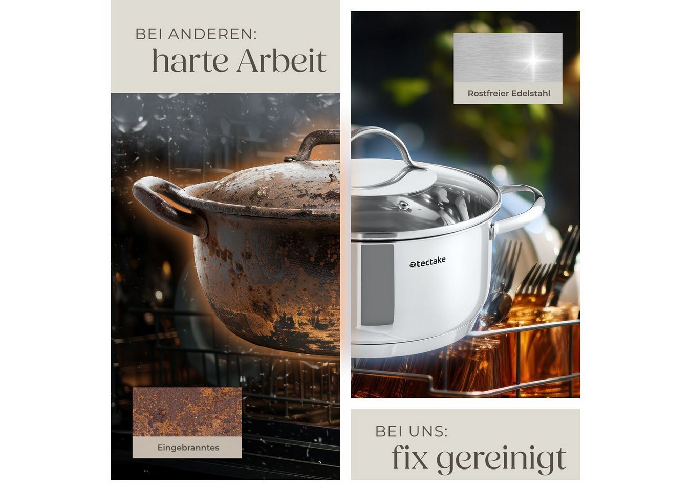 tectake Topf-Set Kochtopfset aus Edelstahl 9-teilig, Messskala in den Töpfen, Edelstahl (Kochgeschirrset Bologna II, 9-tlg., in silber), für Induktion geeignet, – Bild 5 von 5