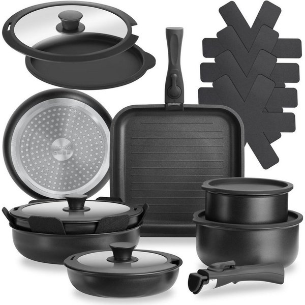 tectake Topf-Set Kochtopfset Parma induktionsgeeignet mit Antihaftbeschichtung, Aluminium (Topf- Und Pfannenset Parma, 17-tlg., in Schwarz), Abnehmbare Griffe, 