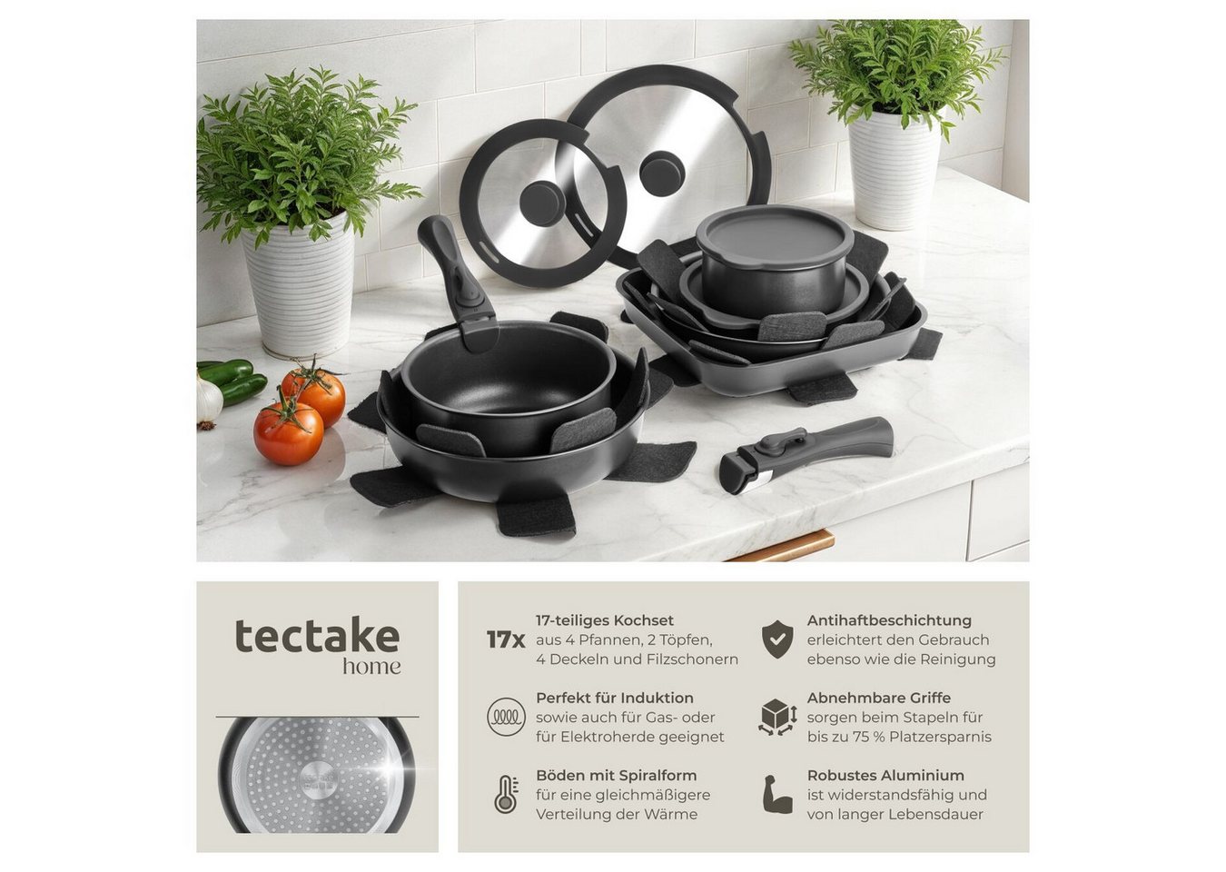 tectake Topf-Set Kochtopfset Parma induktionsgeeignet mit Antihaftbeschichtung, Aluminium (Topf- Und Pfannenset Parma, 17-tlg., in Schwarz), Abnehmbare Griffe,  – Bild 2 von 5