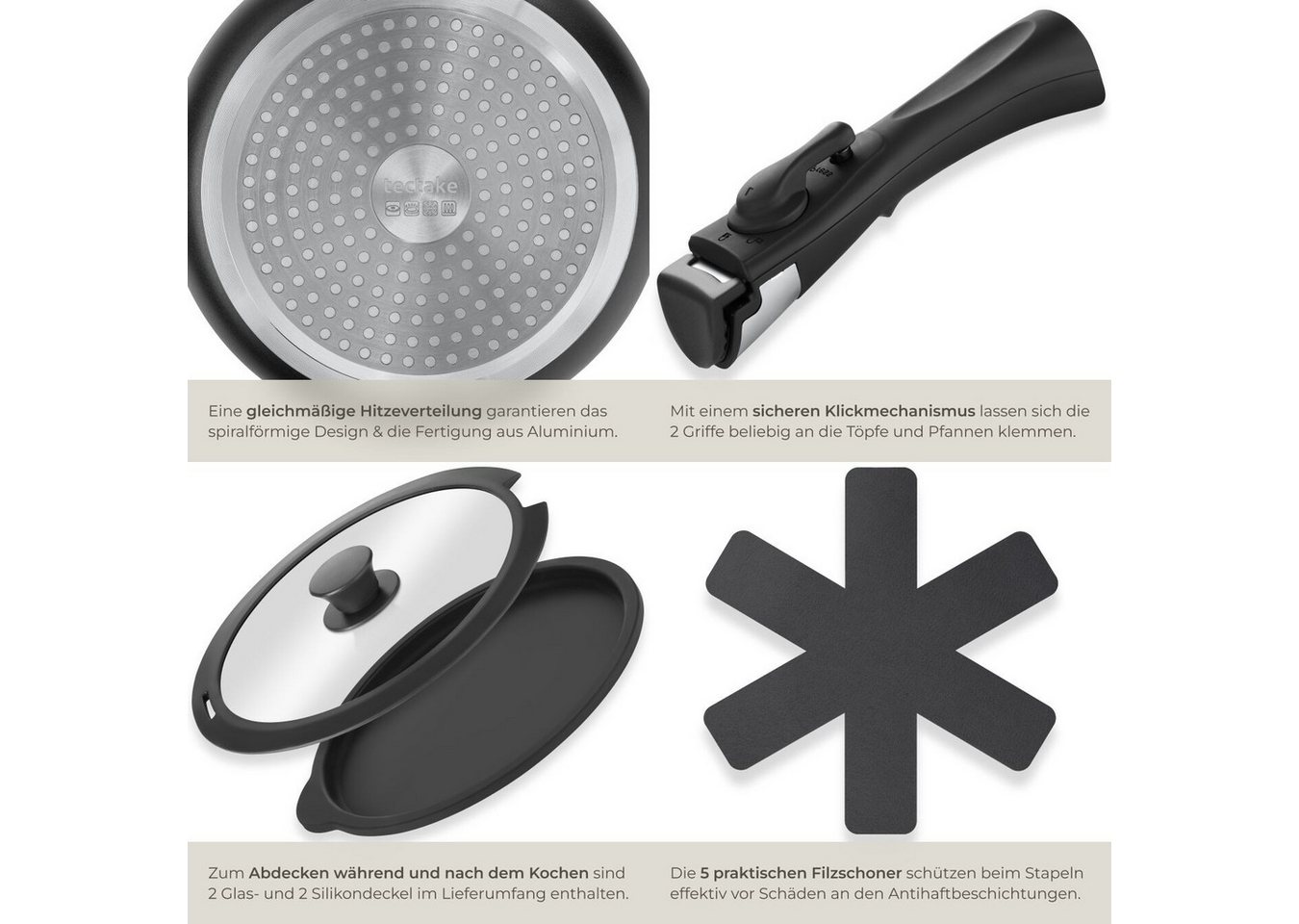 tectake Topf-Set Kochtopfset Parma induktionsgeeignet mit Antihaftbeschichtung, Aluminium (Topf- Und Pfannenset Parma, 17-tlg., in Schwarz), Abnehmbare Griffe,  – Bild 4 von 5
