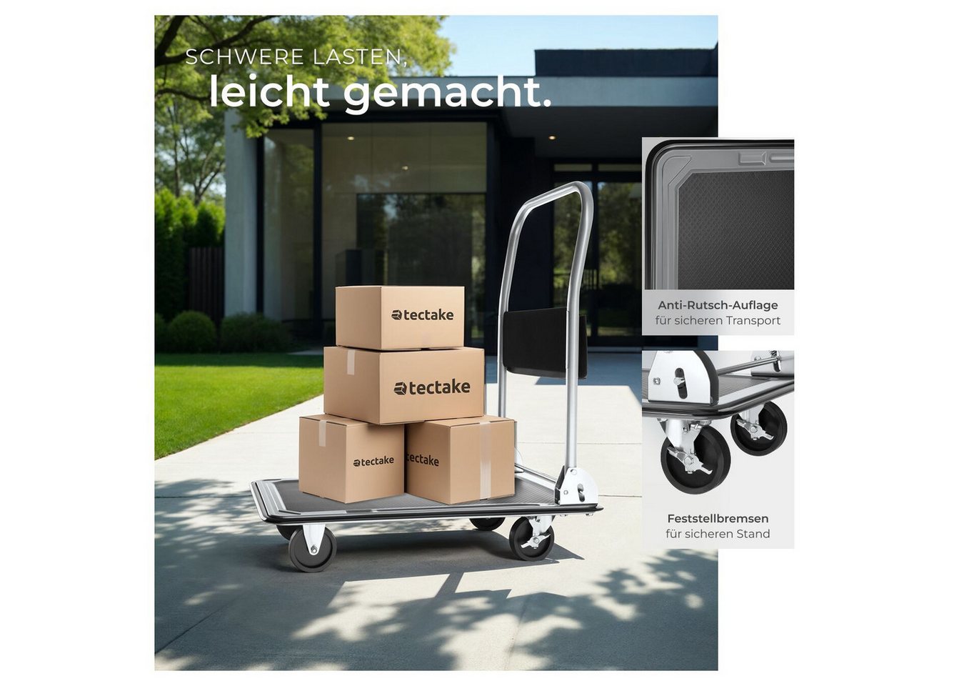 tectake Transportwagen Plattformwagen, Ladefläche 73 x 47 cm, extra Befestigungsösen, (Rollwagen, in schwarz), mit Aufbewahrungsfach, 2 Block- und 2 Drehrollen, – Bild 4 von 5