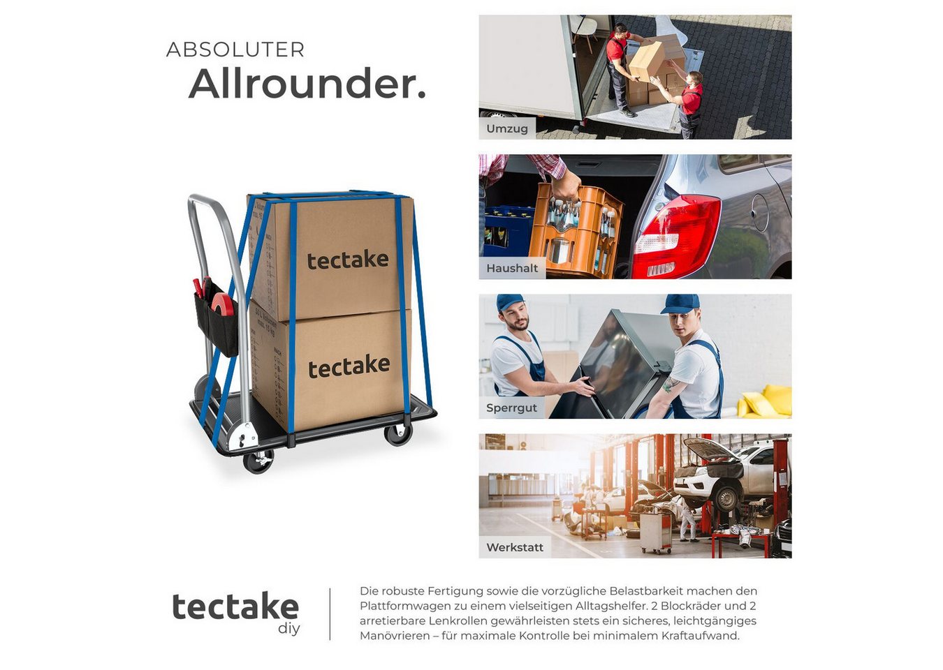 tectake Transportwagen Plattformwagen, Ladefläche 73 x 47 cm, extra Befestigungsösen, (Rollwagen, in schwarz), mit Aufbewahrungsfach, 2 Block- und 2 Drehrollen, – Bild 5 von 5