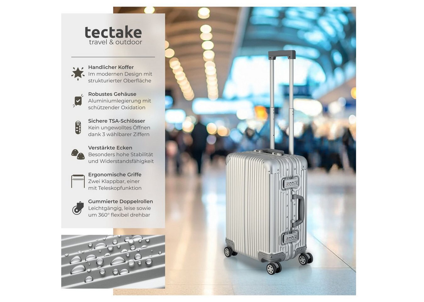tectake Trolley Aluminium Boardtrolley, gängige Handgepäckgröße, abteilbarer, 4 Rollen, 2 TSA-Sicherheitszahlenschlösser, 360° drehbar, gummierte Doppelrollen – Bild 2 von 5
