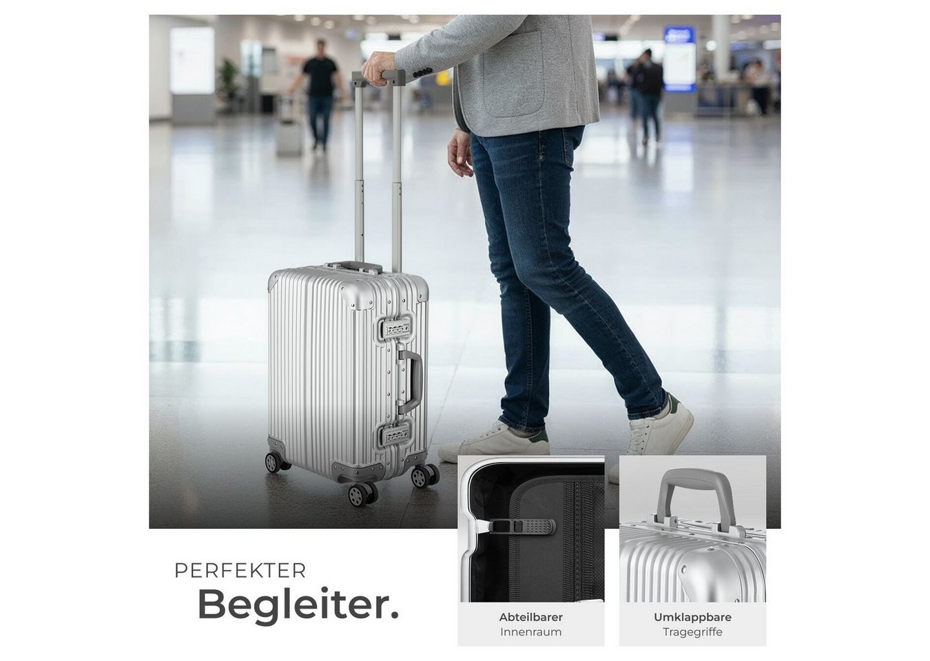 tectake Trolley Aluminium Boardtrolley, gängige Handgepäckgröße, abteilbarer, 4 Rollen, 2 TSA-Sicherheitszahlenschlösser, 360° drehbar, gummierte Doppelrollen – Bild 4 von 5