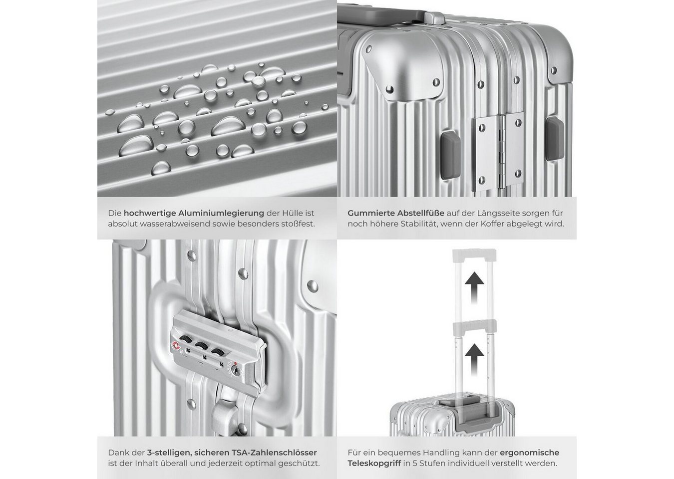 tectake Trolley Aluminium Boardtrolley, gängige Handgepäckgröße, abteilbarer, 4 Rollen, 2 TSA-Sicherheitszahlenschlösser, 360° drehbar, gummierte Doppelrollen – Bild 5 von 5