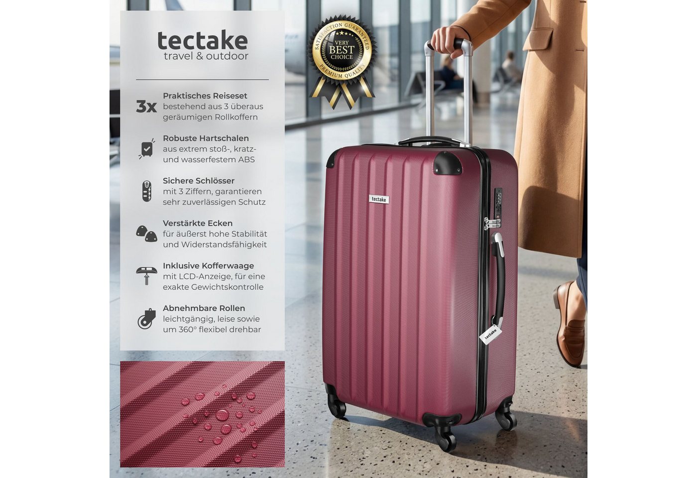 tectake Trolley Hartschalenkoffer-Set aus robustem ABS-Kunststoff, 360° drehbar, 4 Rollen, inkl. Kofferwaage und -anhänger, mit Sicherheits-Zahlenschloss – Bild 2 von 5