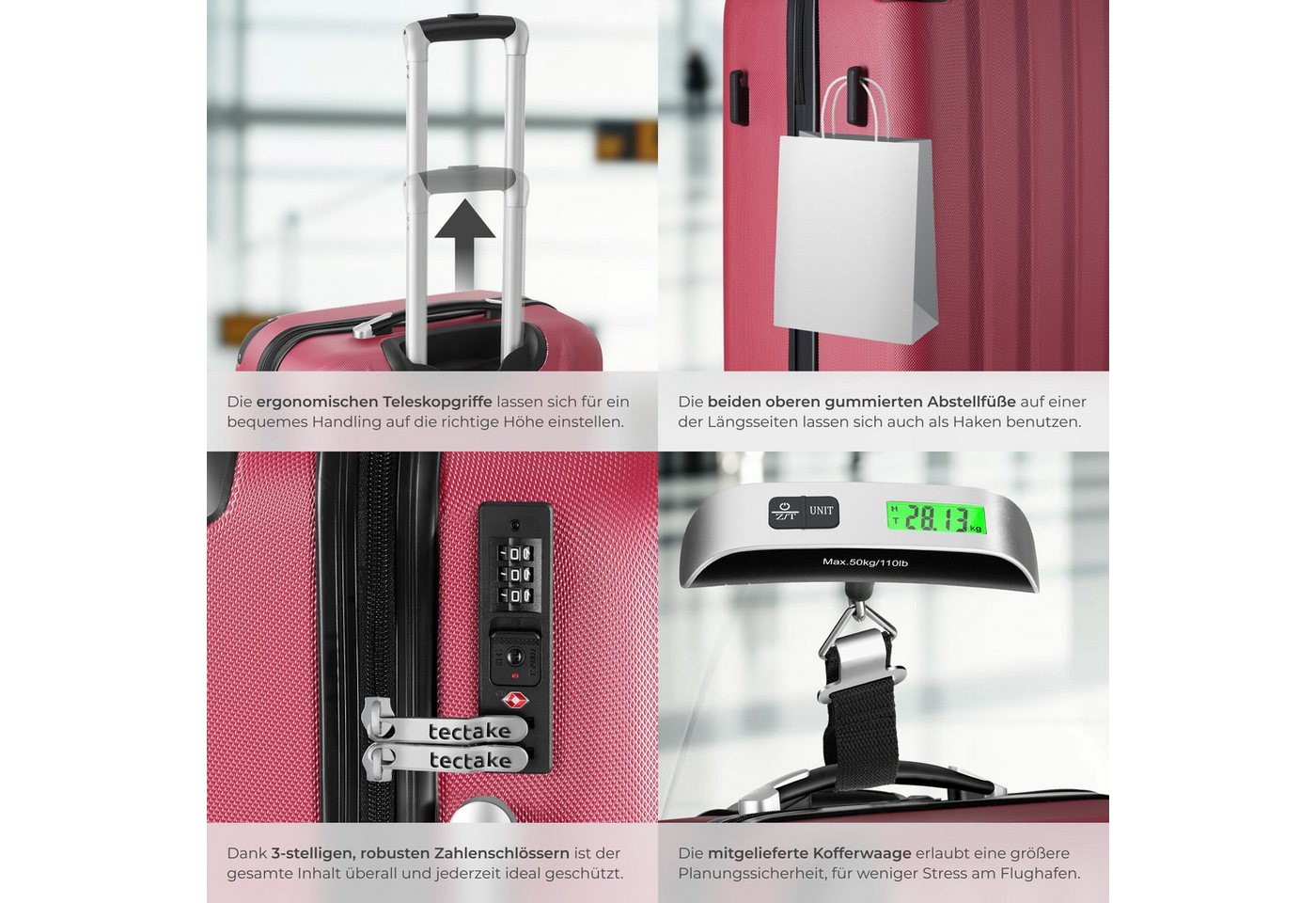 tectake Trolley Hartschalenkoffer-Set aus robustem ABS-Kunststoff, 360° drehbar, 4 Rollen, inkl. Kofferwaage und -anhänger, mit Sicherheits-Zahlenschloss – Bild 4 von 5