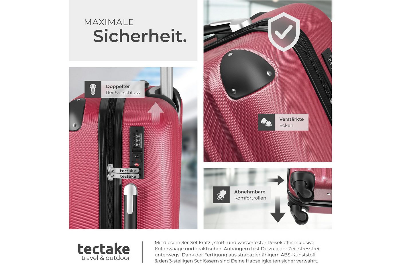 tectake Trolley Hartschalenkoffer-Set aus robustem ABS-Kunststoff, 360° drehbar, 4 Rollen, inkl. Kofferwaage und -anhänger, mit Sicherheits-Zahlenschloss – Bild 5 von 5