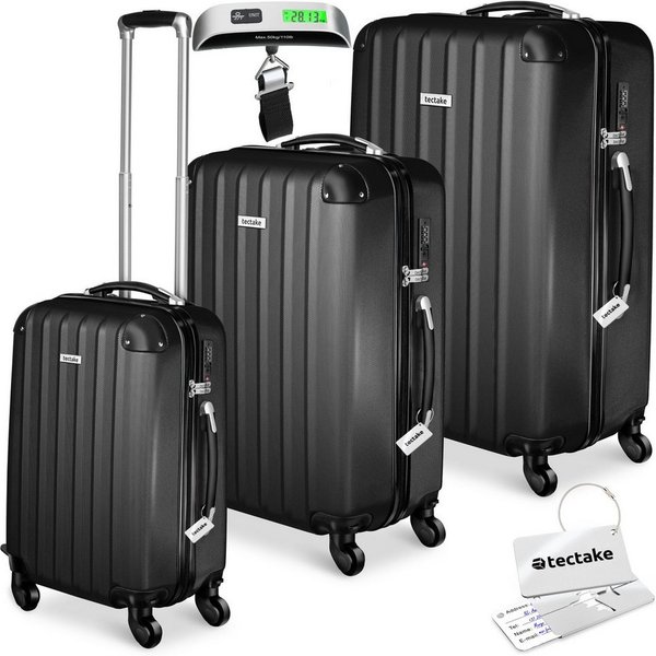 tectake Trolley Hartschalenkoffer-Set aus robustem ABS-Kunststoff, 360° drehbar, 4 Rollen, inkl. Kofferwaage und -anhänger, mit Sicherheits-Zahlenschloss