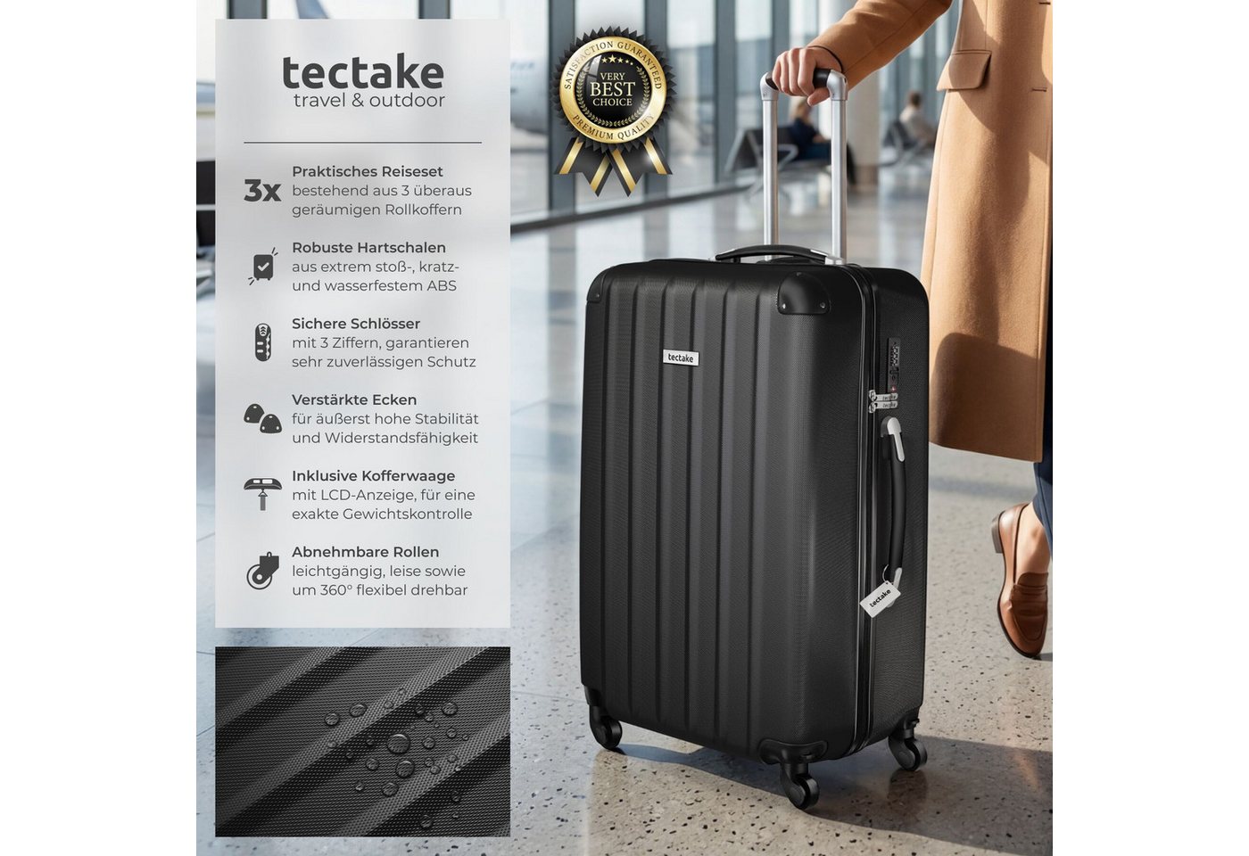 tectake Trolley Hartschalenkoffer-Set aus robustem ABS-Kunststoff, 360° drehbar, 4 Rollen, inkl. Kofferwaage und -anhänger, mit Sicherheits-Zahlenschloss – Bild 2 von 5
