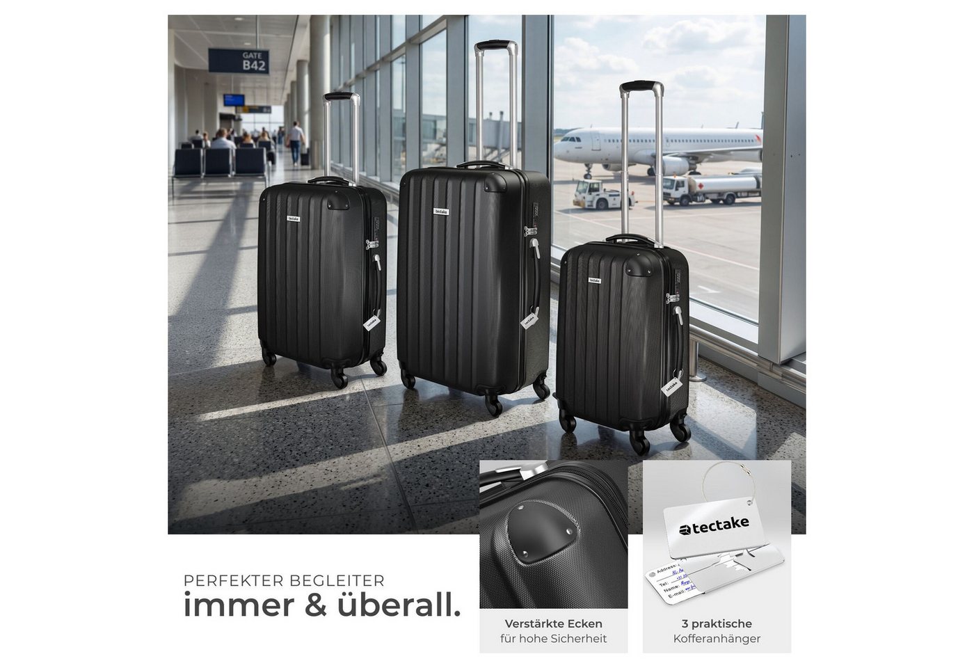 tectake Trolley Hartschalenkoffer-Set aus robustem ABS-Kunststoff, 360° drehbar, 4 Rollen, inkl. Kofferwaage und -anhänger, mit Sicherheits-Zahlenschloss – Bild 3 von 5