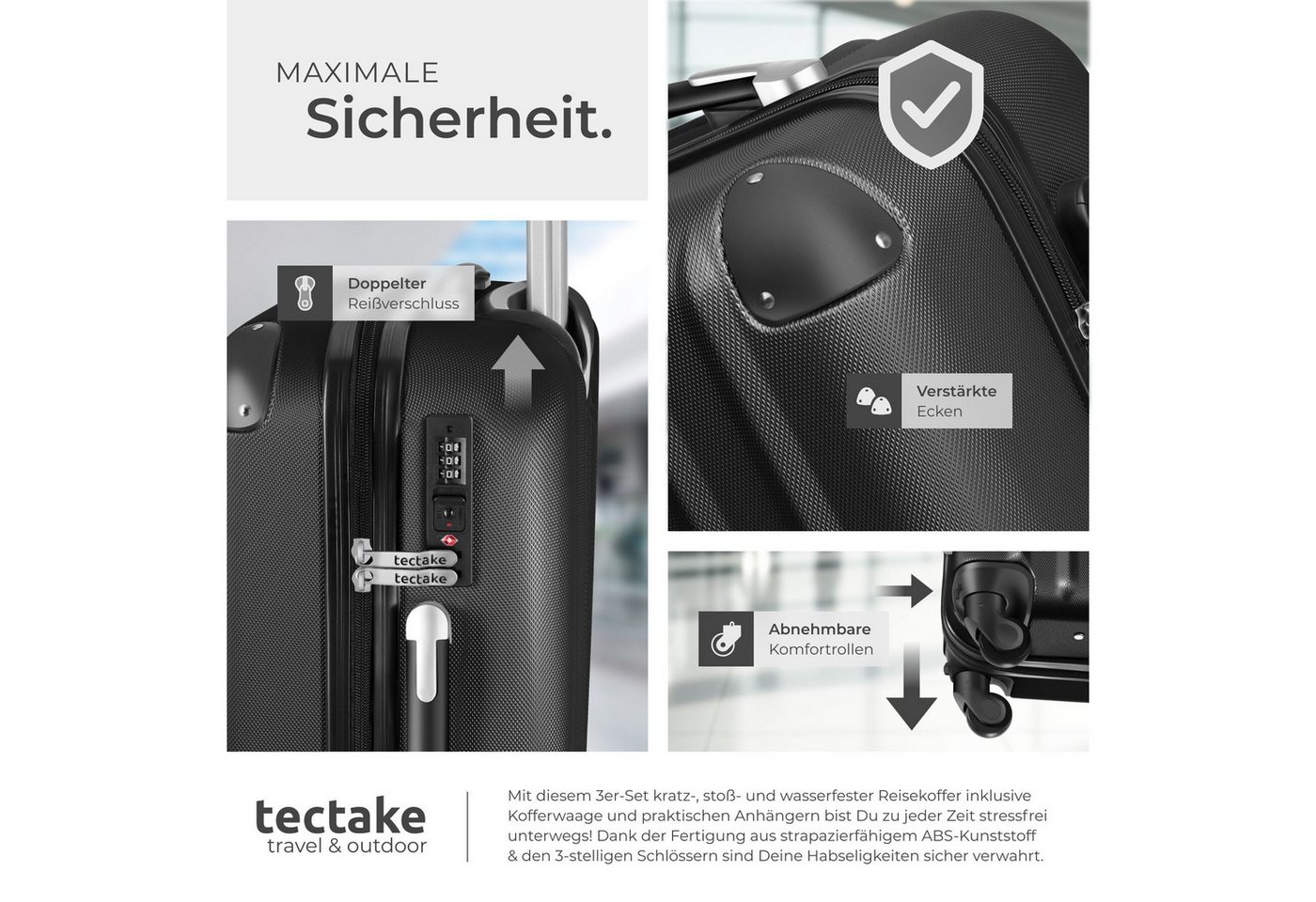 tectake Trolley Hartschalenkoffer-Set aus robustem ABS-Kunststoff, 360° drehbar, 4 Rollen, inkl. Kofferwaage und -anhänger, mit Sicherheits-Zahlenschloss – Bild 5 von 5