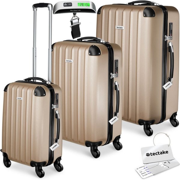 tectake Trolley Hartschalenkoffer-Set aus robustem ABS-Kunststoff, 360° drehbar, 4 Rollen, inkl. Kofferwaage und -anhänger, mit Sicherheits-Zahlenschloss