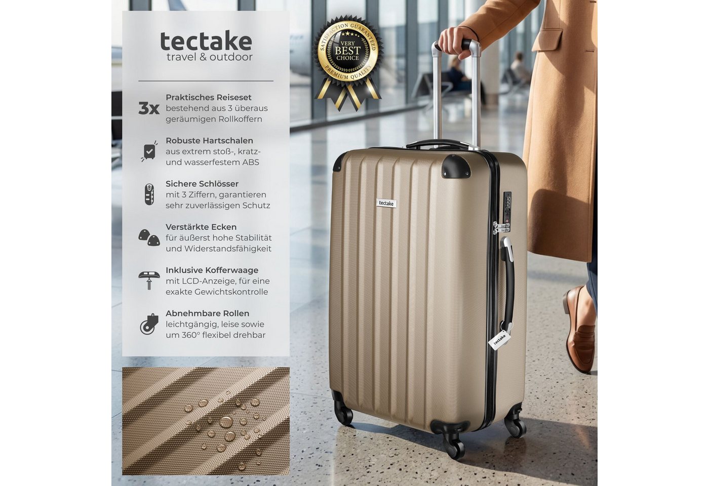 tectake Trolley Hartschalenkoffer-Set aus robustem ABS-Kunststoff, 360° drehbar, 4 Rollen, inkl. Kofferwaage und -anhänger, mit Sicherheits-Zahlenschloss – Bild 2 von 5