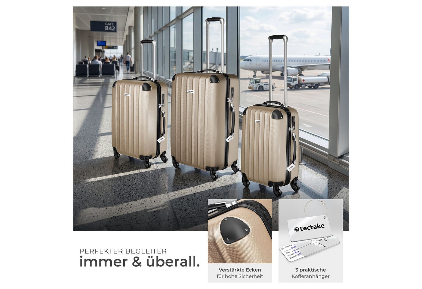 tectake Trolley Hartschalenkoffer-Set aus robustem ABS-Kunststoff, 360° drehbar, 4 Rollen, inkl. Kofferwaage und -anhänger, mit Sicherheits-Zahlenschloss – Bild 3 von 5