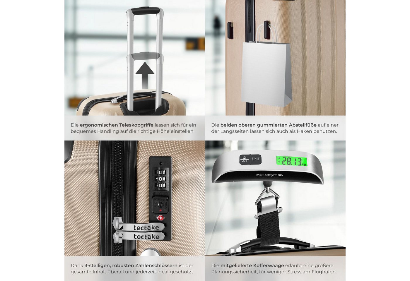 tectake Trolley Hartschalenkoffer-Set aus robustem ABS-Kunststoff, 360° drehbar, 4 Rollen, inkl. Kofferwaage und -anhänger, mit Sicherheits-Zahlenschloss – Bild 4 von 5