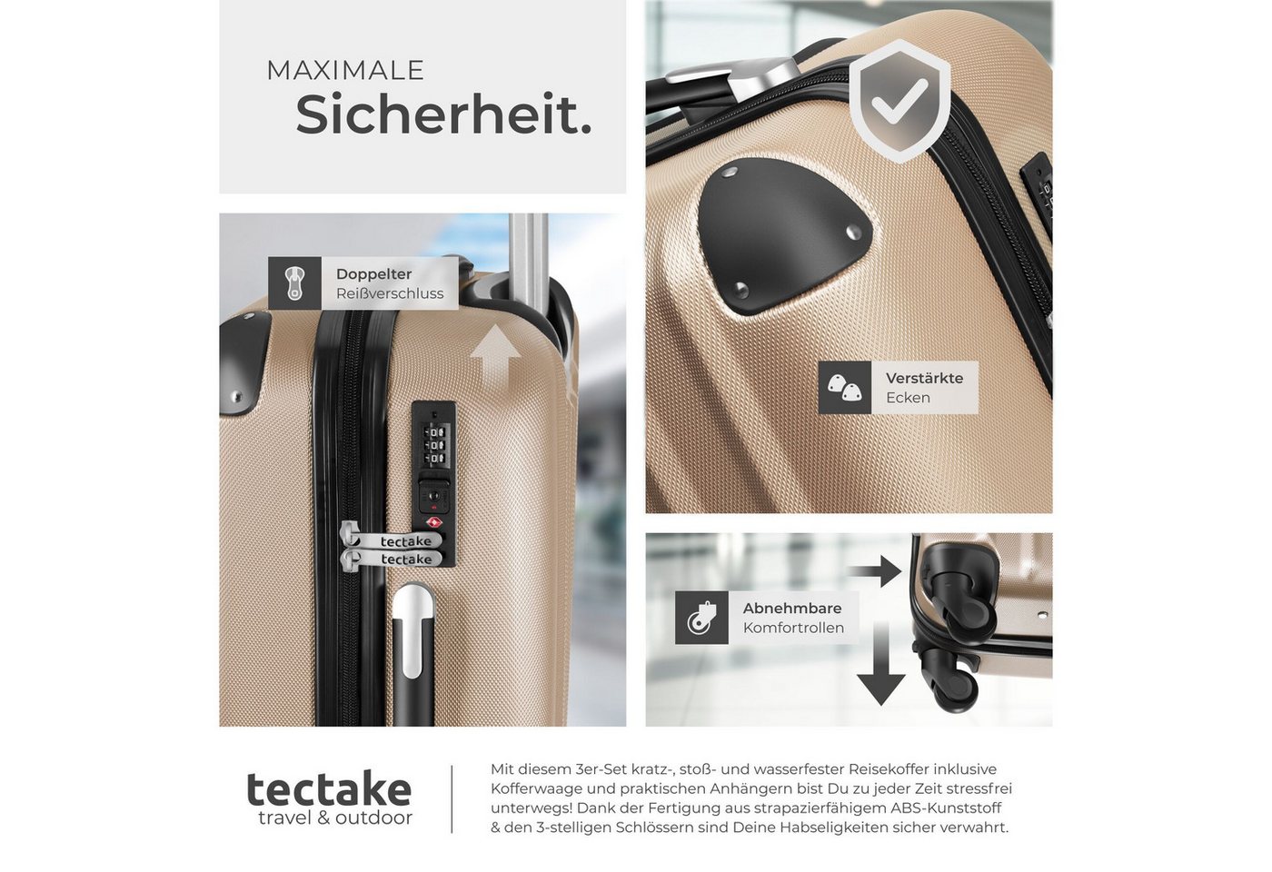 tectake Trolley Hartschalenkoffer-Set aus robustem ABS-Kunststoff, 360° drehbar, 4 Rollen, inkl. Kofferwaage und -anhänger, mit Sicherheits-Zahlenschloss – Bild 5 von 5