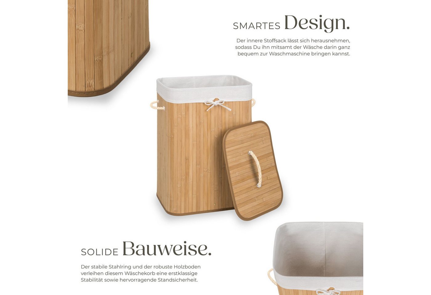 tectake Wäschekorb Wäschebehälter aus Bambus, mit Deckel, 42 x 31,5 x 60 cm (Wäschesammler, in beige), herausnehmbarer Wäschesack, 2 Tragegriffe, 72 l – Bild 3 von 5