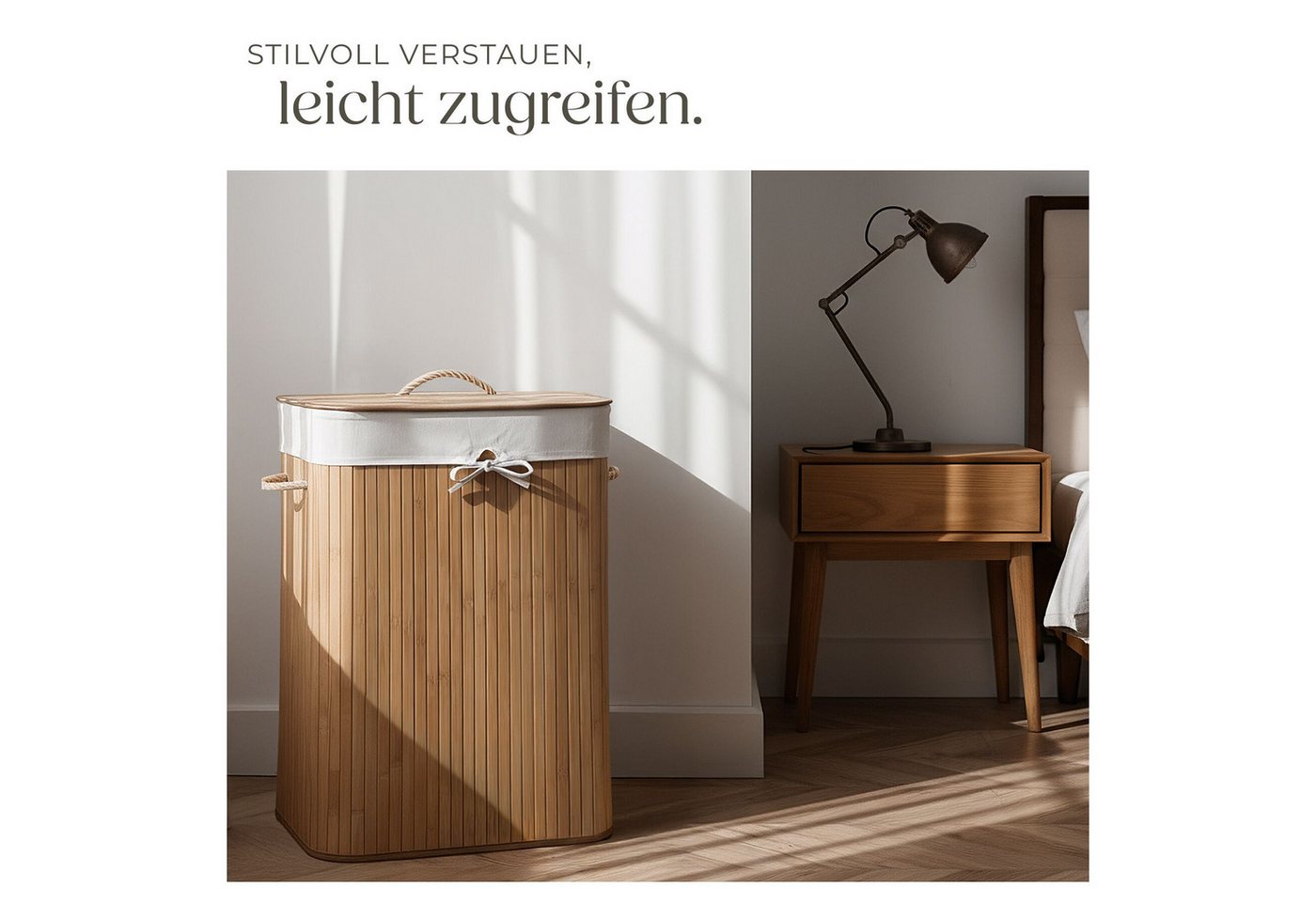 tectake Wäschekorb Wäschebehälter aus Bambus, mit Deckel, 42 x 31,5 x 60 cm (Wäschesammler, in beige), herausnehmbarer Wäschesack, 2 Tragegriffe, 72 l – Bild 4 von 5