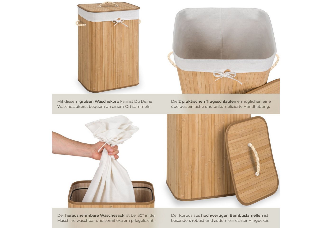 tectake Wäschekorb Wäschebehälter aus Bambus, mit Deckel, 42 x 31,5 x 60 cm (Wäschesammler, in beige), herausnehmbarer Wäschesack, 2 Tragegriffe, 72 l – Bild 5 von 5