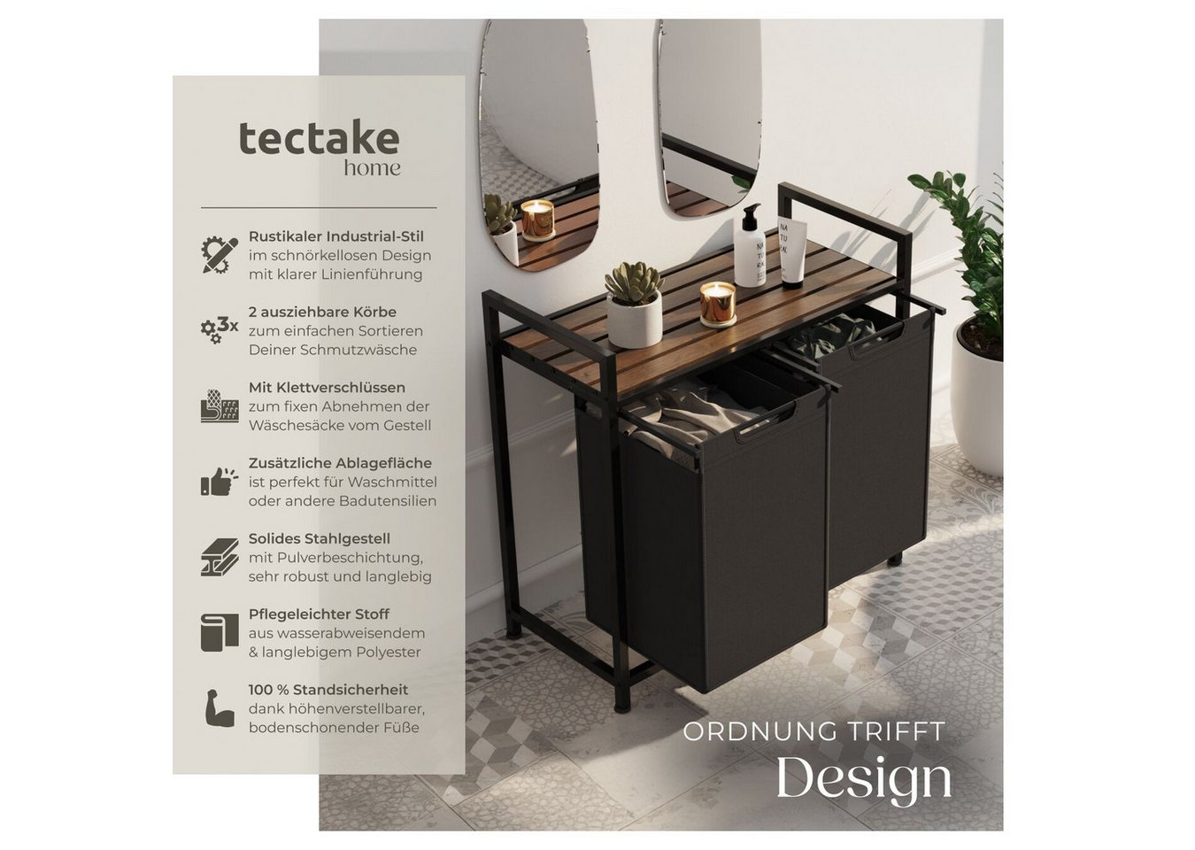 tectake Wäschekorb Wäschesortierer mit Ablage, höhenverstellbare Kunststofffüße (Wäschesammler, Industrial-Style in schwarz/braun), 2 oder 3 ausziehbare Fächer, – Bild 2 von 5