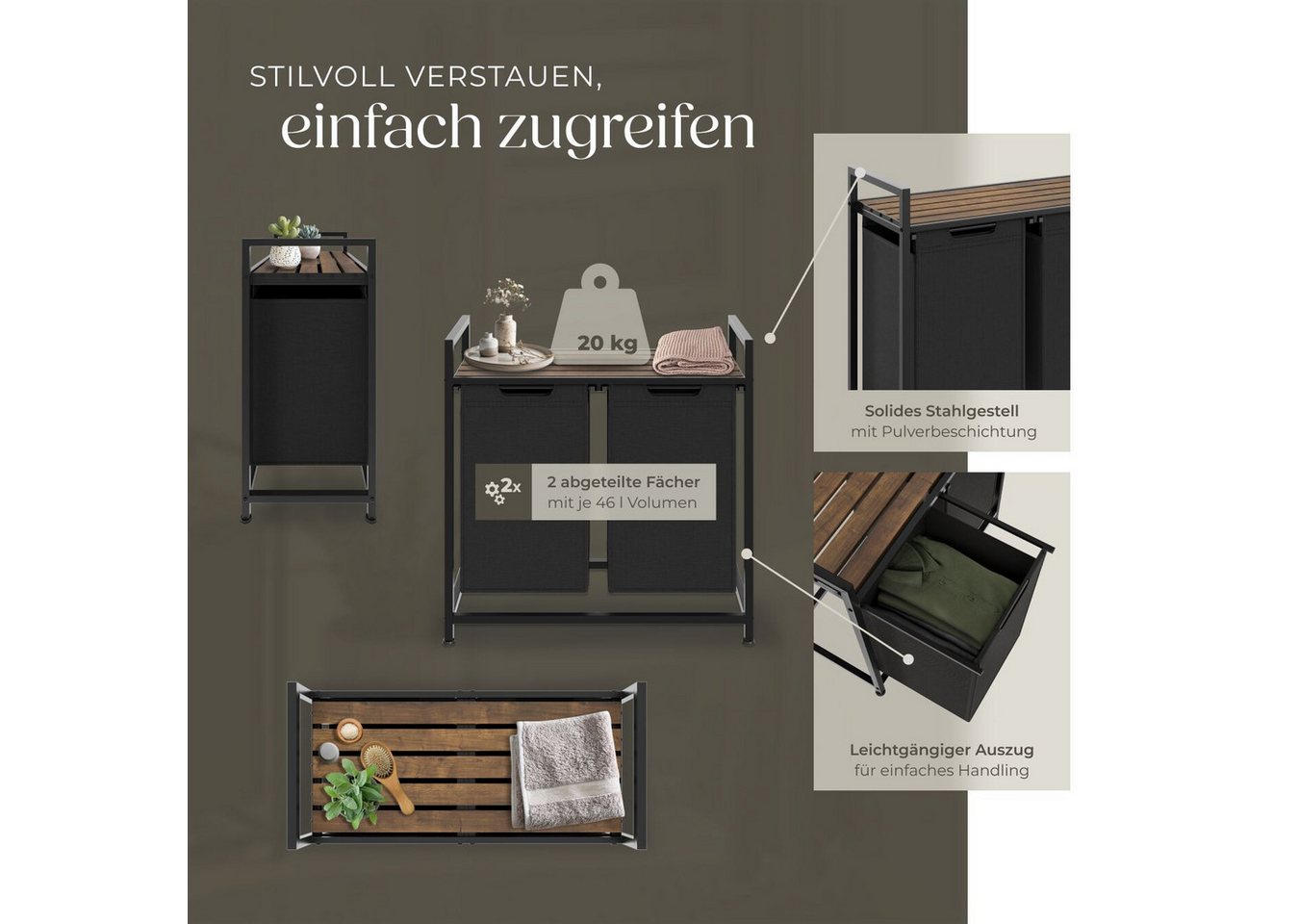 tectake Wäschekorb Wäschesortierer mit Ablage, höhenverstellbare Kunststofffüße (Wäschesammler, Industrial-Style in schwarz/braun), 2 oder 3 ausziehbare Fächer, – Bild 3 von 5