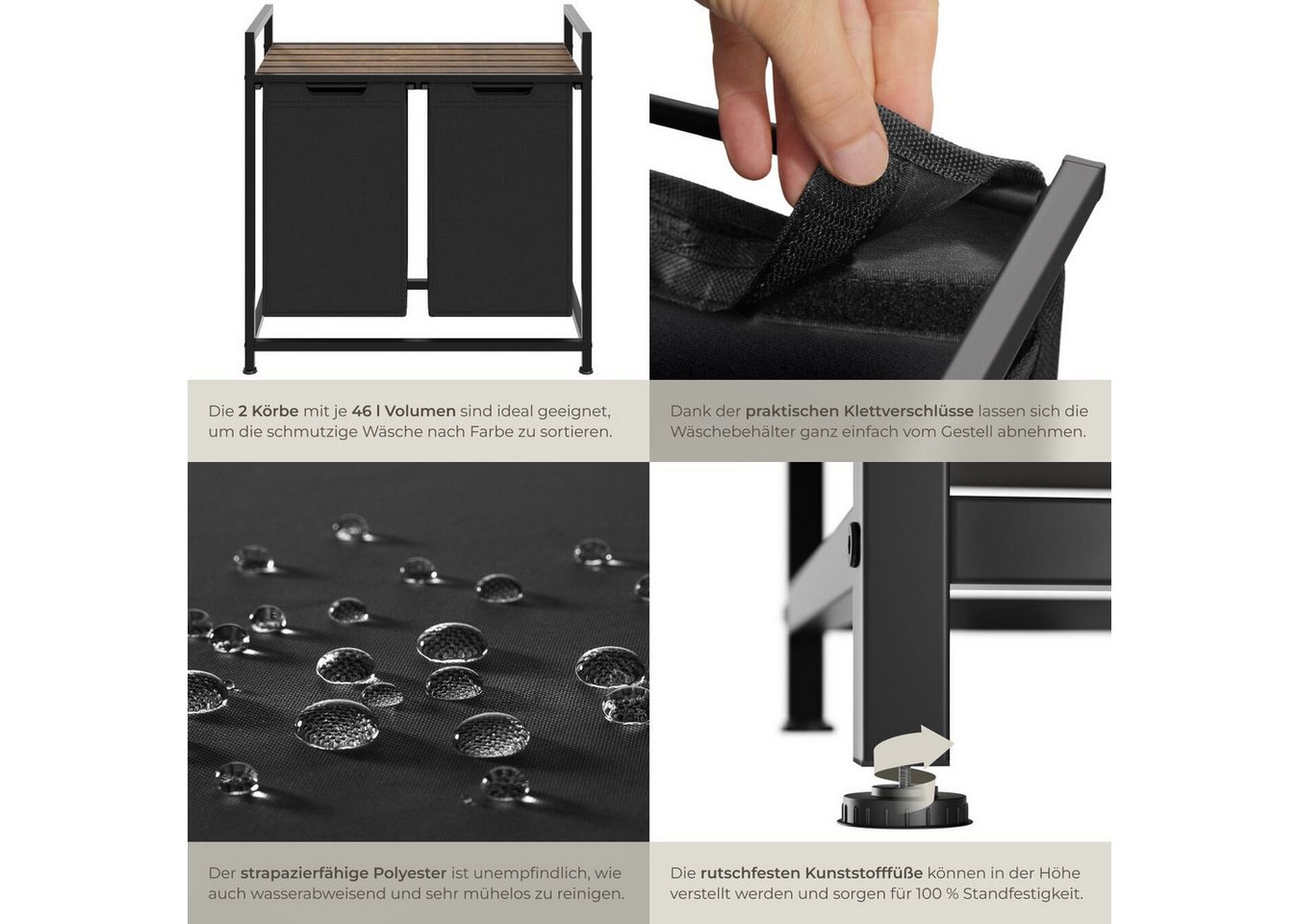 tectake Wäschekorb Wäschesortierer mit Ablage, höhenverstellbare Kunststofffüße (Wäschesammler, Industrial-Style in schwarz/braun), 2 oder 3 ausziehbare Fächer, – Bild 4 von 5